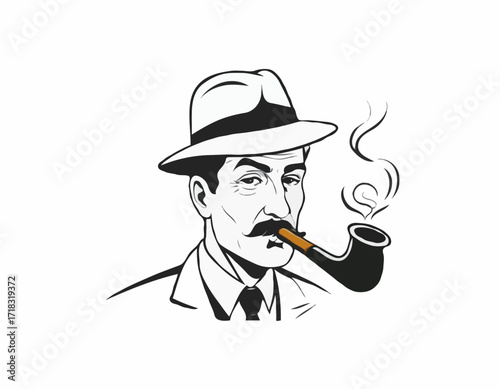 Detective Man Character Smoking Pipe image vector Stock Illustration on white background.