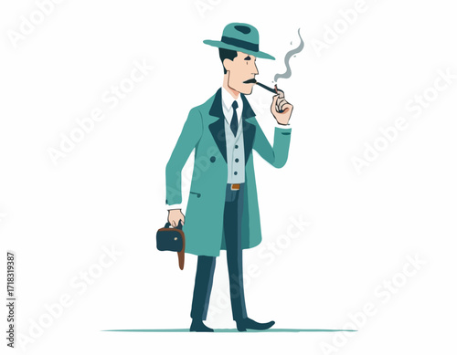 Detective Man Character Smoking Pipe image vector Stock Illustration on white background.