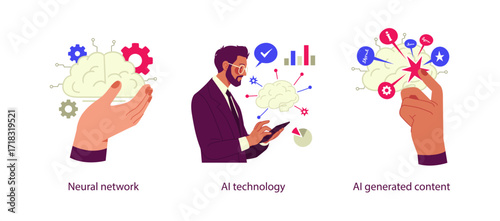 Three vector illustrations representing AI concepts, including neural networks, artificial intelligence technology in use, and AI-generated content creation.