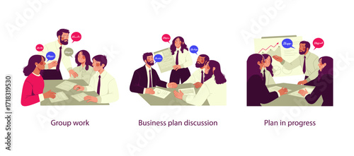 Three vector illustrations showing professionals engaged in group work, business plan discussions, and presenting strategies in progress.