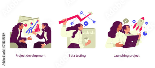 Vector illustrations representing different stages of business growth: project development with charts, beta testing with progress indicators, and launching a project with a rocket symbolizing success