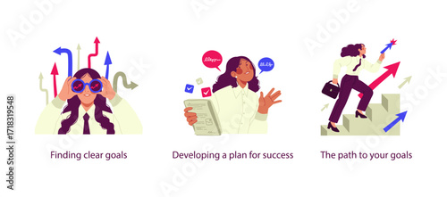 Vector illustrations showing business goal-setting: finding clear goals with binoculars, developing a plan for success with documents, and following the path to achieve goals symbolized by climbing st