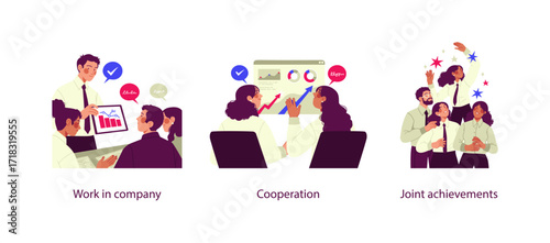 Vector illustrations of corporate teamwork: employees working in company, cooperating on data analysis, and celebrating joint achievements with success.