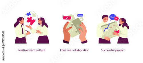 Vector illustrations representing teamwork and productivity: two colleagues building a positive team culture, hands assembling puzzle pieces for effective collaboration, and coworkers celebrating a su