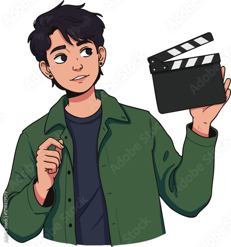 Young man holding film clapperboard in casual green jacket for filmmaking and video production concept 