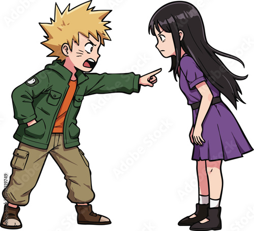 Boy in green jacket angrily pointing finger at girl in purple dress in confrontation scene vector illustration 