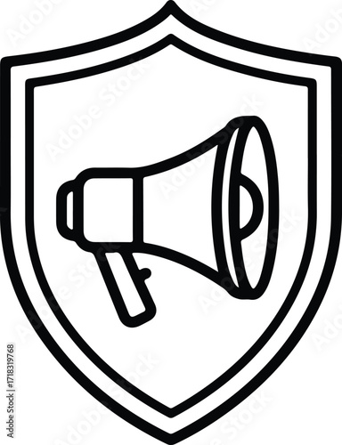 Silhouette megaphone inside shield promoting communication and announcement vector illustration
