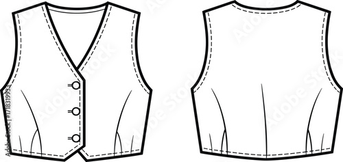 Blank vest template front and back view, vector fashion flat sketch, formal clothing design outline illustration, apparel mockup for tailoring style