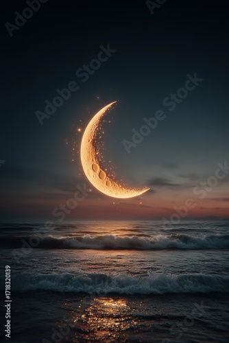 Fantasy Surreal Glowing Moon Golden Light Mystical Crescent Above Ocean with Sparkling Energy Falling into Dreamlike Night Seascape Background