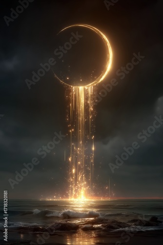 Fantasy Surreal Glowing Moon Golden Light Mystical Crescent Above Ocean with Sparkling Energy Falling into Dreamlike Night Seascape Background
