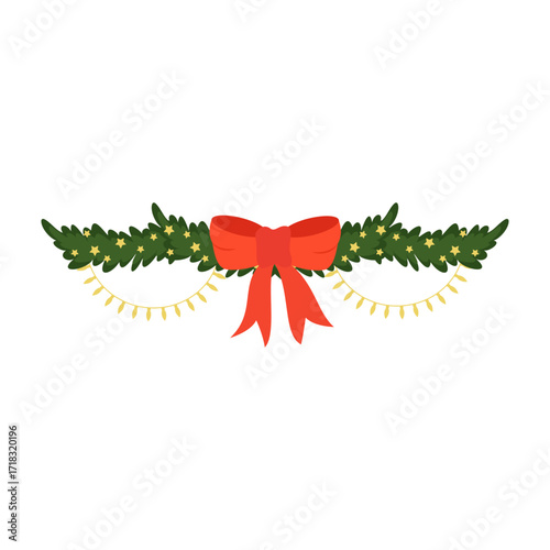 Christmas garlands with holly leaves, berries, ribbons and festive decorations