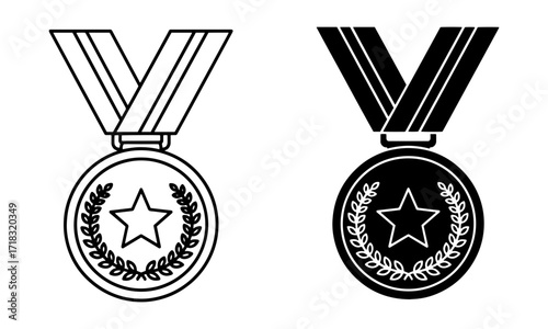 Achievement Medal Icon in Outline and Solid Black Vector for exam success, reward and recognition.