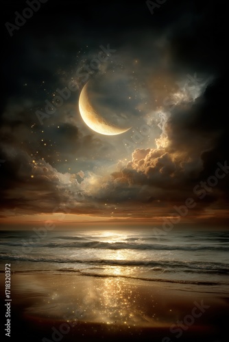 Fantasy Surreal Glowing Moon Golden Light Mystical Crescent Above Ocean with Sparkling Energy Falling into Dreamlike Night Seascape Background