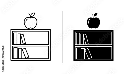 Apple on Bookshelf Icon in Outline and Solid Black Vector symbolizing classic school learning, teaching and study