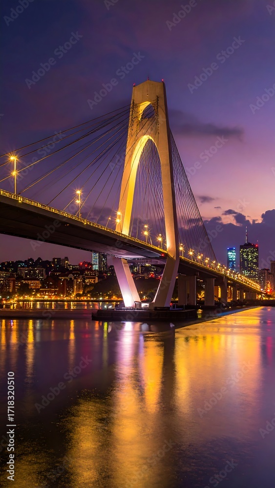 Fototapeta premium Modern cable-stayed bridge at twilight over a river. City lights reflect on water