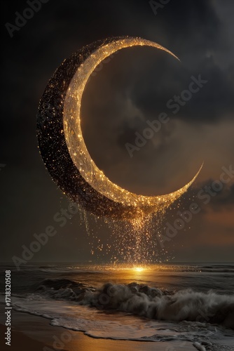Fantasy Surreal Glowing Moon Golden Light Mystical Crescent Above Ocean with Sparkling Energy Falling into Dreamlike Night Seascape Background