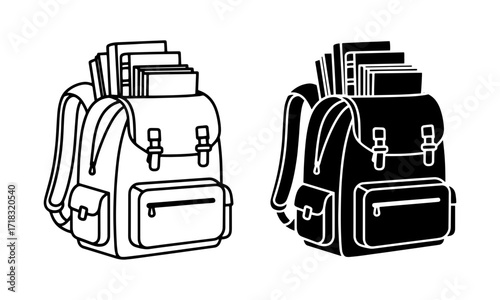 Packed Backpack Icon in Outline and Solid Black Vector symbolizing prepared students for back to school and exams
