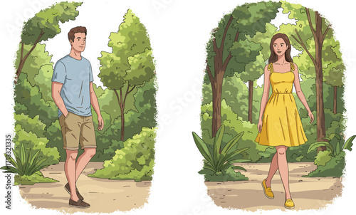 Nature walk, forest path, peaceful stroll, outdoor lifestyle, green trees, summer outfit, serene moment, park scene, walking together, tranquil environment