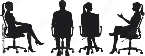 Office chairs, business people, silhouette posture, workplace diversity, seated professionals, modern furniture, corporate meeting, gender balance, teamwork, body language, HR concept