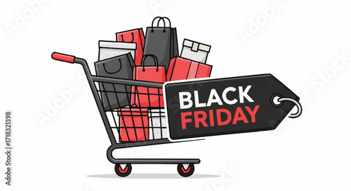 Exciting Black Friday Deals Await with Shopping Cart Full of Gifts and Presents, Ready for Holiday Savings, Originally a Scalable Vector Graphic