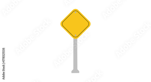 Minimalist illustration of a blank yellow diamond traffic sign on pole, symbolizing road safety, caution, and regulation in transportation and urban design.