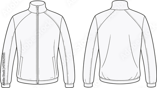 Men’s zip-up track jacket, long sleeve sportswear, casual athletic wear, front and back view, comfortable lightweight outerwear design