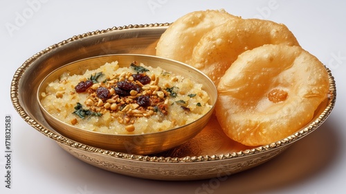 Navratri halwa and poori prasad served in brass thali