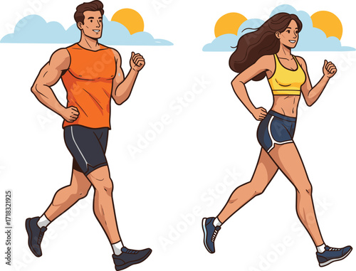 Outdoor fitness walking, healthy lifestyle, athletic couple, summer exercise, sportswear fashion, brisk walk, wellness activity, active people, sunny day, motivation