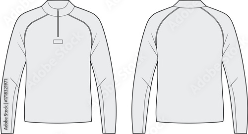 Modern gray quarter-zip pullover, long sleeve athletic shirt, front and back view, casual sportswear, breathable activewear top design