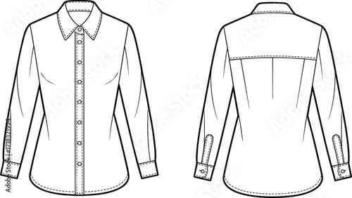 Vector fashion technical sketch, women's shirt front and back view, button-down blouse template, detailed flat drawing design