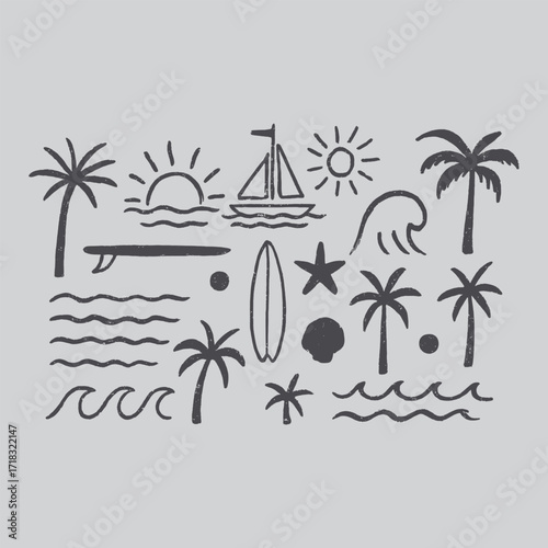 Tropical Vacation Doodle Pack - Surf, Sea, and Sunset Sketches