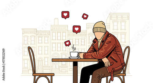 Stylish individual enjoying coffee amidst a cascade of virtual likes and urban vibes
