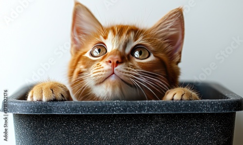 Adorable ginger kitten peeking out of a dark grey box