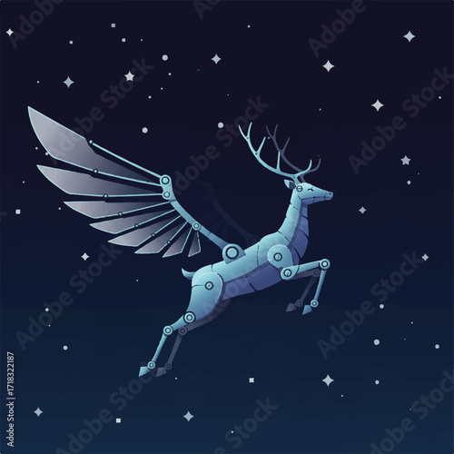 A mechanical deer with wings flies through a starfilled night sky