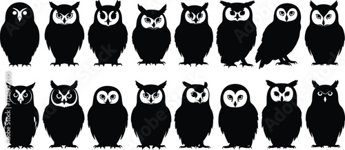 Owl silhouette collection, black bird icons, expressive owl faces, wildlife vector set, animal illustration, graphic design, nature clipart, isolated