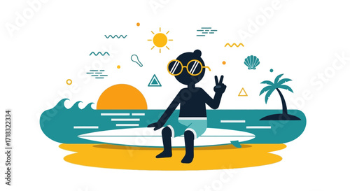 Summer vibes illustration featuring a surfer sitting on a surfboard at sunset relaxing scene