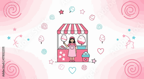 Sweet cotton candy stall illustration with vendor girl surrounded by cute elements