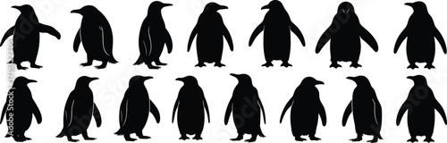 Penguin silhouette collection, black animal icons, wildlife illustration, bird shapes, minimal design, nature art, Arctic species, vector graphics