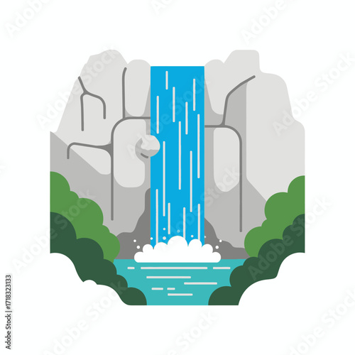 Waterfall cascading down rocky cliffs into a pool, surrounded by lush greenery.
