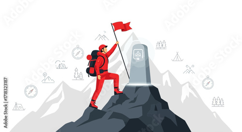 Vector illustration of a climber reaching the summit and planting a flag in triumph as a symbol of