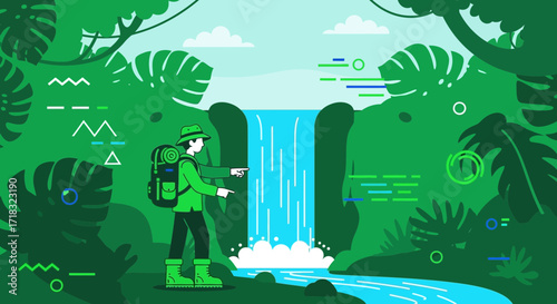 Vector illustration of a hiker in a lush jungle with a beautiful waterfall scene and tropical forest