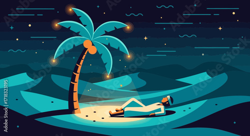 Vector Illustration of a man relaxing under a palm tree in the desert under the stars in the night