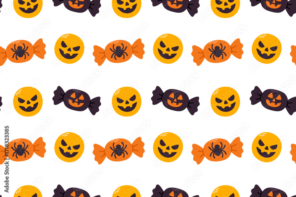 Obraz premium Seamless pattern with Halloween pumpkins, candies, and spooky elements