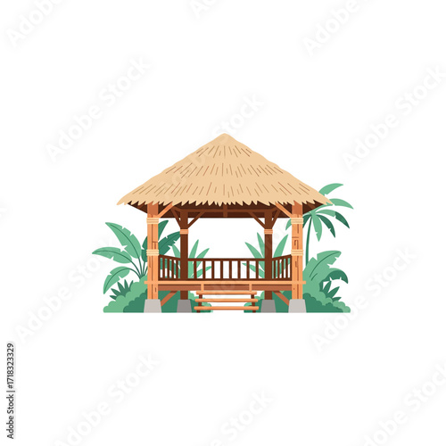 A wooden tropical gazebo with a thatched roof, surrounded by lush green palm leaves and plants, depicted in a flat vector illustration style.