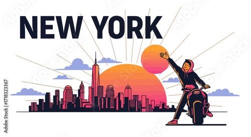 Vibrant New York City Skyline Illustration with a Motorcyclist Exploring the Urban Landscape