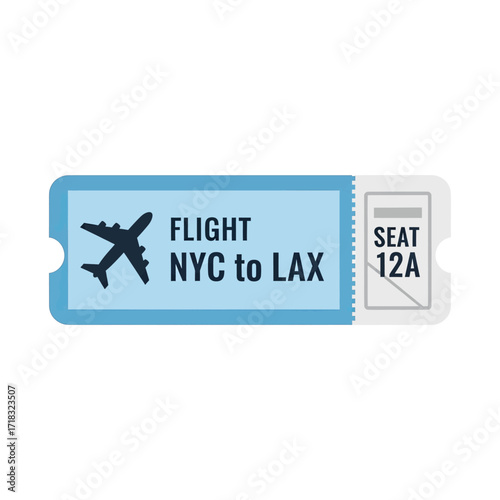 Airplane ticket for a flight from NYC to LAX, showing flight information and seat assignment.