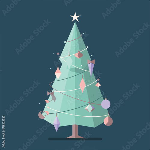 A minimalist geometric Christmas tree adorned with pastel ornaments and lights