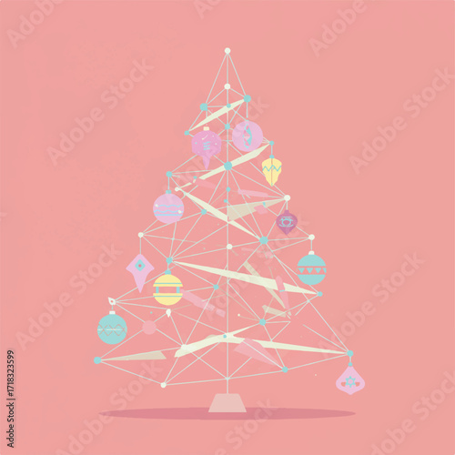 A minimalist geometric Christmas tree with pastel ornaments