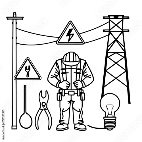 “Clean, stylized line art graphic showing elements of electrical work: utility pole, warning sign with lightning, power tower, electrician with hard hat, pliers, screwdriver and wrench, caliper, linem
