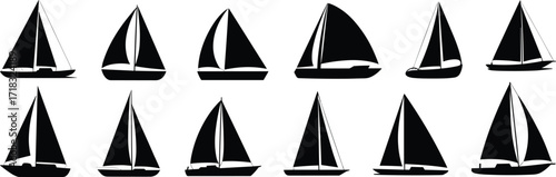 Set of black and white sailboat silhouettes collection, yacht icons, sailing boat symbols, nautical design elements, maritime transport vector illustration